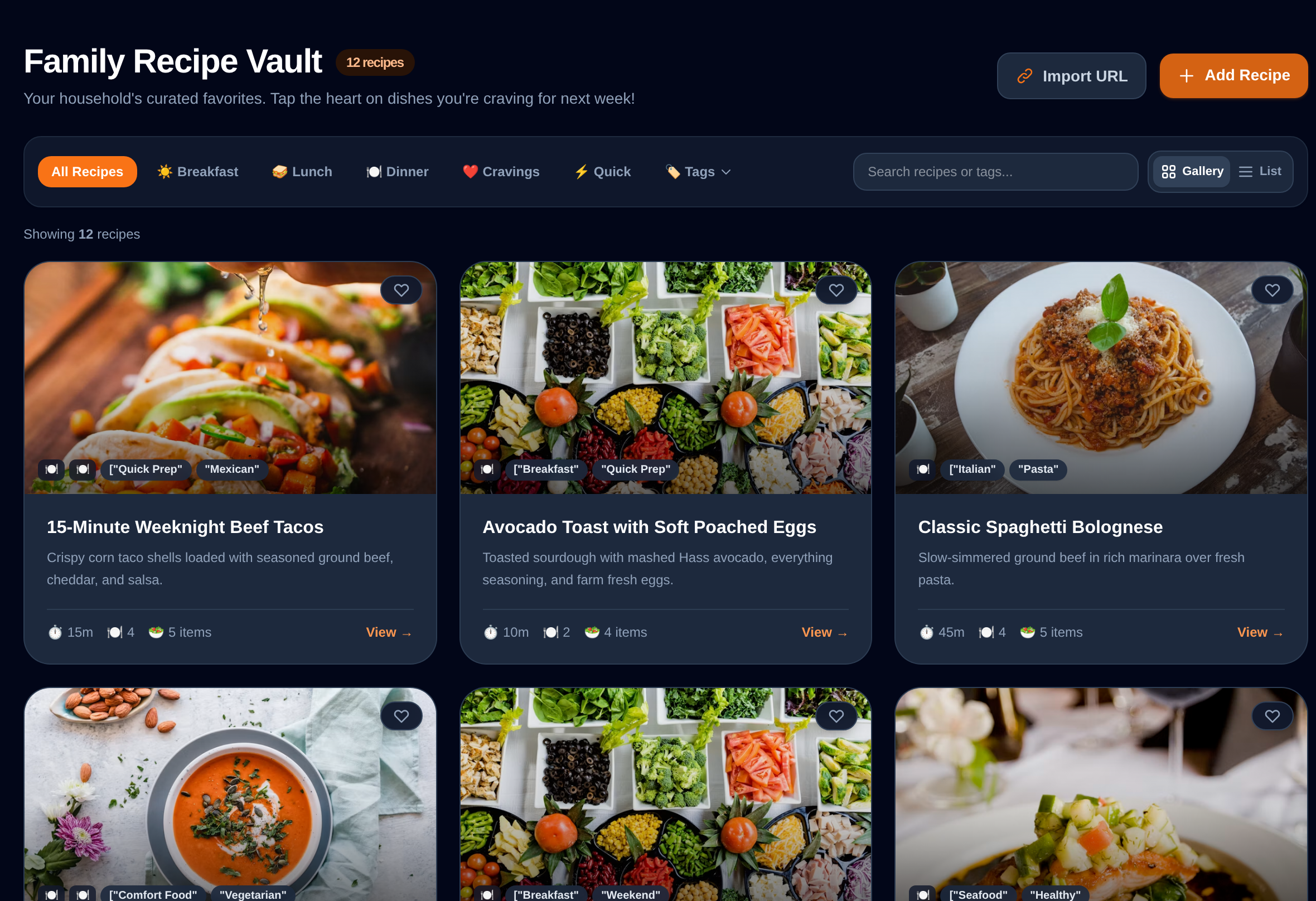 FamilyPlates recipe vault showing recipe cards with tags, times, and images